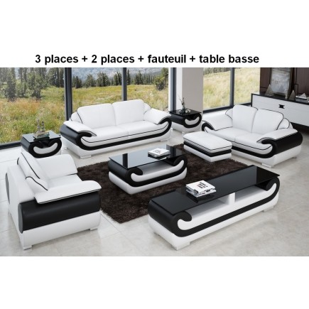 Ensemble canapé 3 places et 2 places et fauteuil en cuir italien vachette candide, couleur blanc et noir. Table basse candide, b
