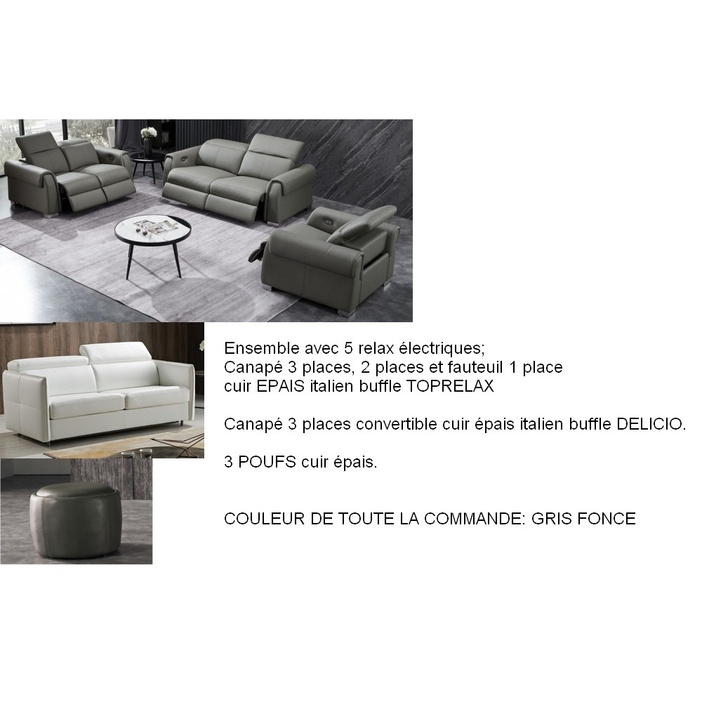 Solde paiement: Ensemble avec 5 relax électriques; Canapé 3 places, 2 places et fauteuil 1 place cuir EPAIS italien buffle TOPRE Solde paiement: Ensemble avec 5 relax électriques; Canapé 3 places, 2 places et fauteuil 1 place cuir EPAIS italien buffle TOPRE