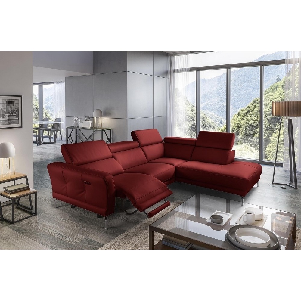 Canapé d'angle relax en 100% tout cuir épais de luxe italien avec relax électrique, 5/6 places DALI, rouge foncé, angle droit