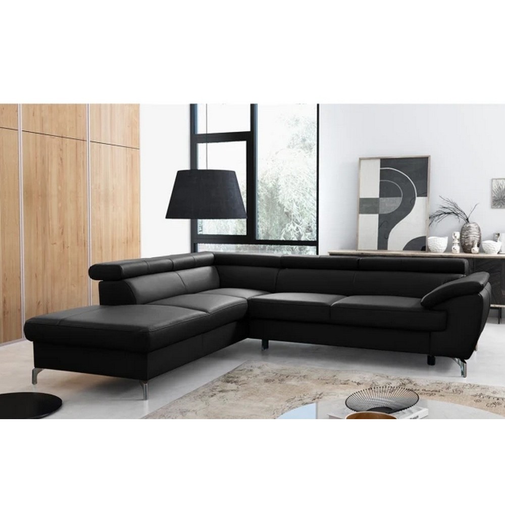 - Canapé d'angle convertible en cuir italien de luxe 5/6 places FINLANDE avec coffre, noir, angle gauche - Canapé d'angle convertible en cuir italien de luxe 5/6 places FINLANDE avec coffre, noir, angle gauche
