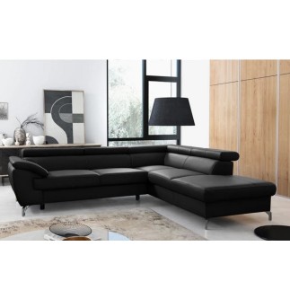 Canapé d'angle convertible en cuir italien de luxe 5/6 places FINLANDE avec coffre, noir, angle droit