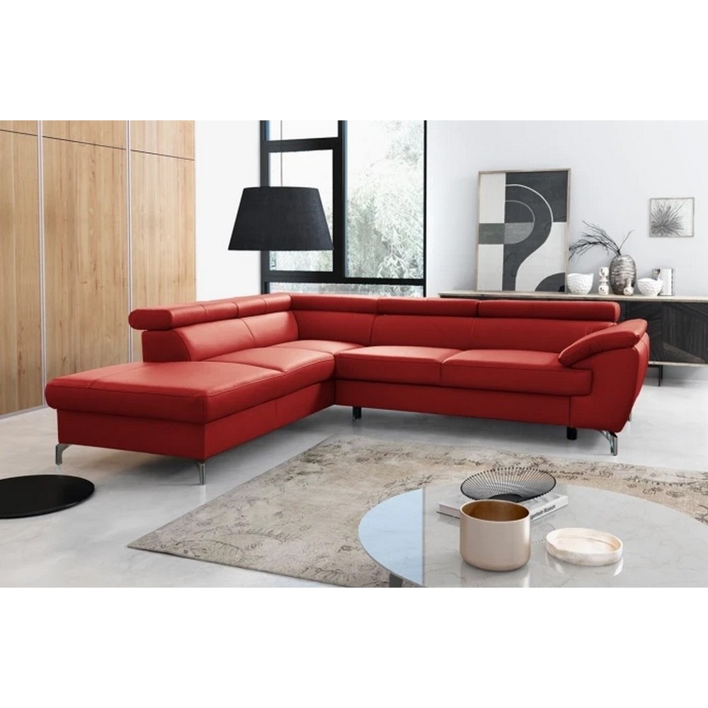 Canapé d'angle convertible en cuir italien de luxe 5/6 places FINLANDE avec coffre, rouge foncé, angle gauche Canapé d'angle convertible en cuir italien de luxe 5/6 places FINLANDE avec coffre, rouge foncé, angle gauche