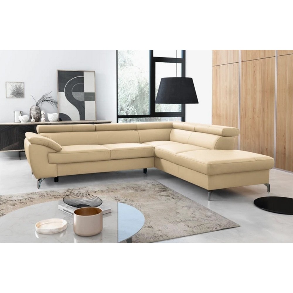 Canapé d'angle convertible en cuir italien de luxe 5/6 places FINLANDE avec coffre, beige, angle droit Canapé d'angle convertible en cuir italien de luxe 5/6 places FINLANDE avec coffre, beige, angle droit