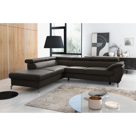 - Canapé d'angle convertible en cuir italien de luxe 5/6 places FINLANDE avec coffre, chocolat, angle gauche