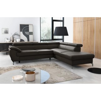 Canapé d'angle convertible en cuir italien de luxe 5/6 places FINLANDE avec coffre, chocolat, angle droit