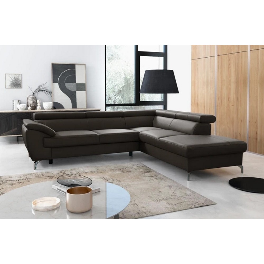 Canapé d'angle convertible en cuir italien de luxe 5/6 places FINLANDE avec coffre, chocolat, angle droit Canapé d'angle convertible en cuir italien de luxe 5/6 places FINLANDE avec coffre, chocolat, angle droit