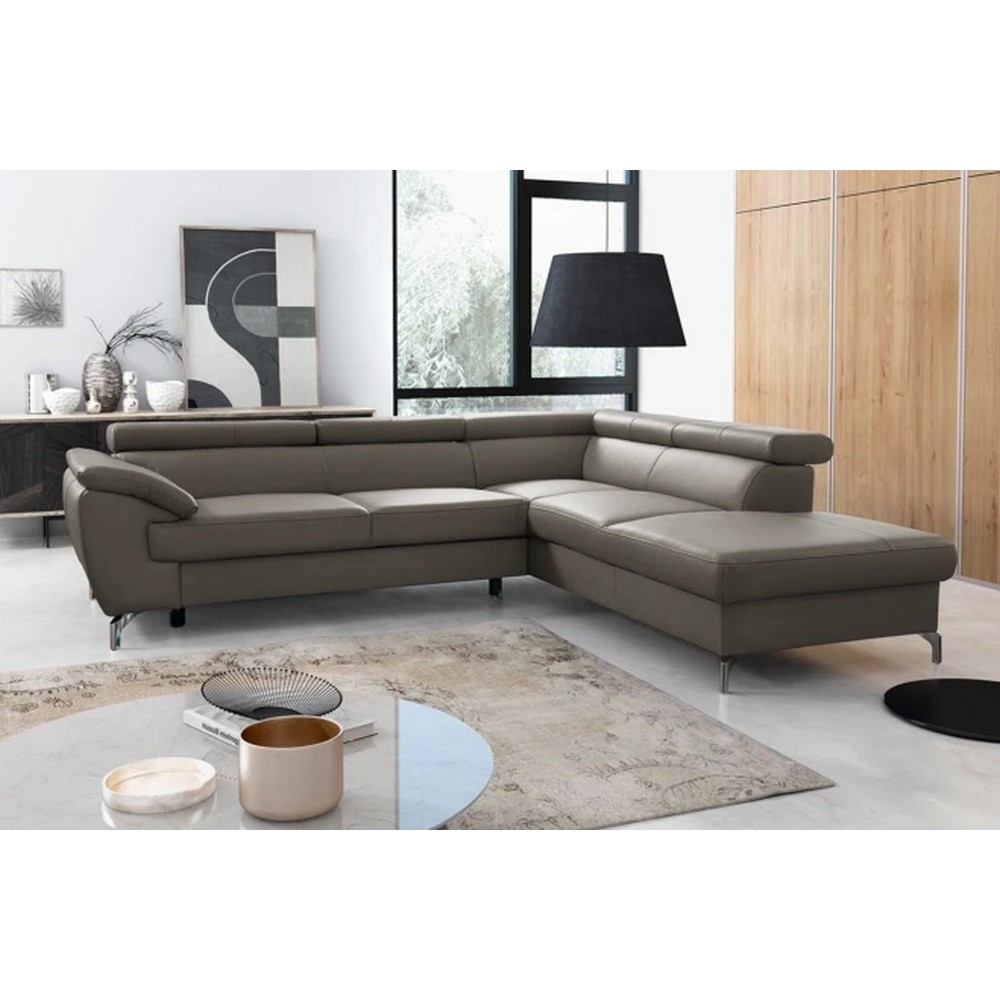 Canapé d'angle convertible en cuir italien de luxe 5/6 places FINLANDE avec coffre, taupe, angle droit Canapé d'angle convertible en cuir italien de luxe 5/6 places FINLANDE avec coffre, taupe, angle droit