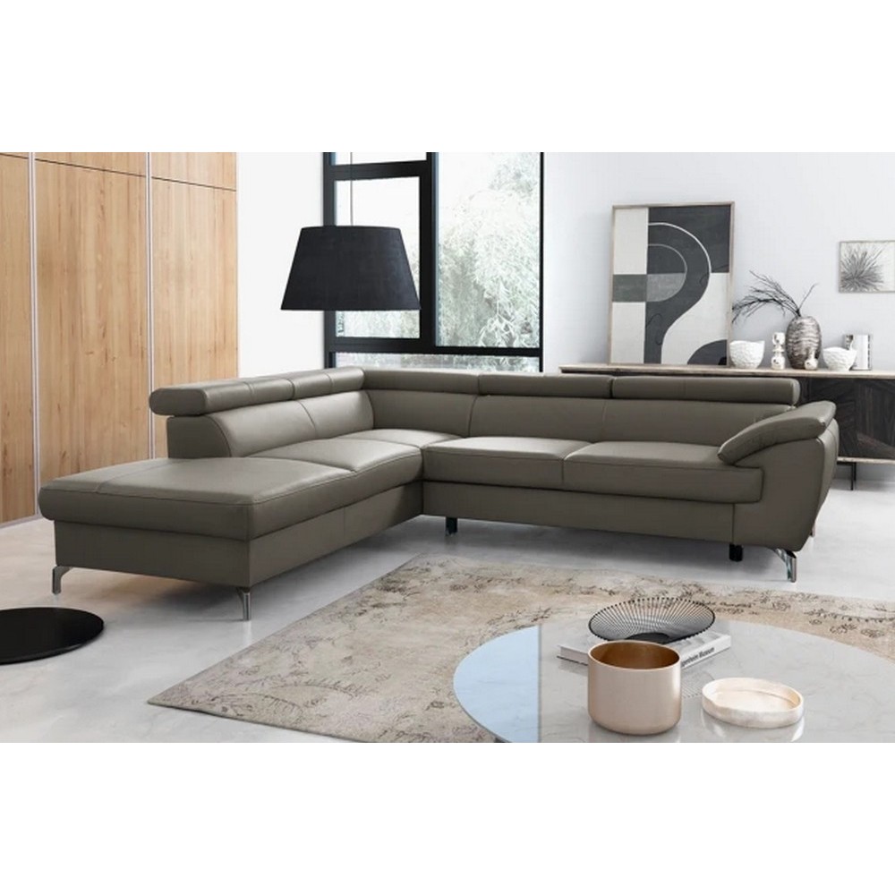 Canapé d'angle convertible en cuir italien de luxe 5/6 places FINLANDE avec coffre, taupe, angle gauche Canapé d'angle convertible en cuir italien de luxe 5/6 places FINLANDE avec coffre, taupe, angle gauche