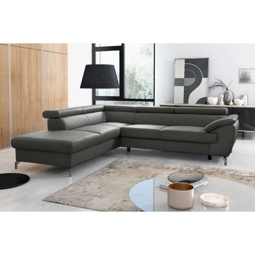 Canapé d'angle convertible en cuir italien de luxe 5/6 places FINLANDE avec coffre, gris foncé, angle gauche Canapé d'angle convertible en cuir italien de luxe 5/6 places FINLANDE avec coffre, gris foncé, angle gauche