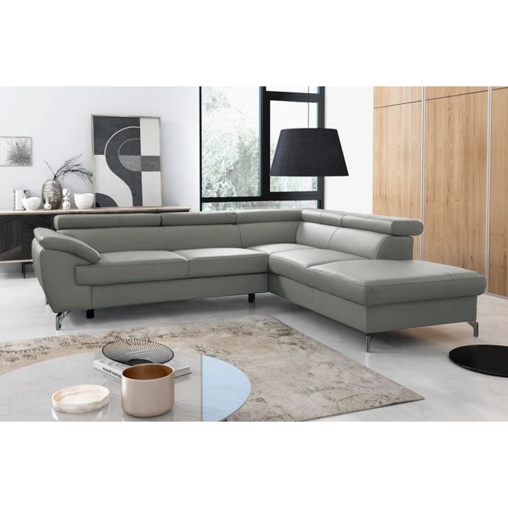 Canapé d'angle convertible en cuir italien de luxe 5/6 places FINLANDE avec coffre, gris clair, angle droit Canapé d'angle convertible en cuir italien de luxe 5/6 places FINLANDE avec coffre, gris clair, angle droit