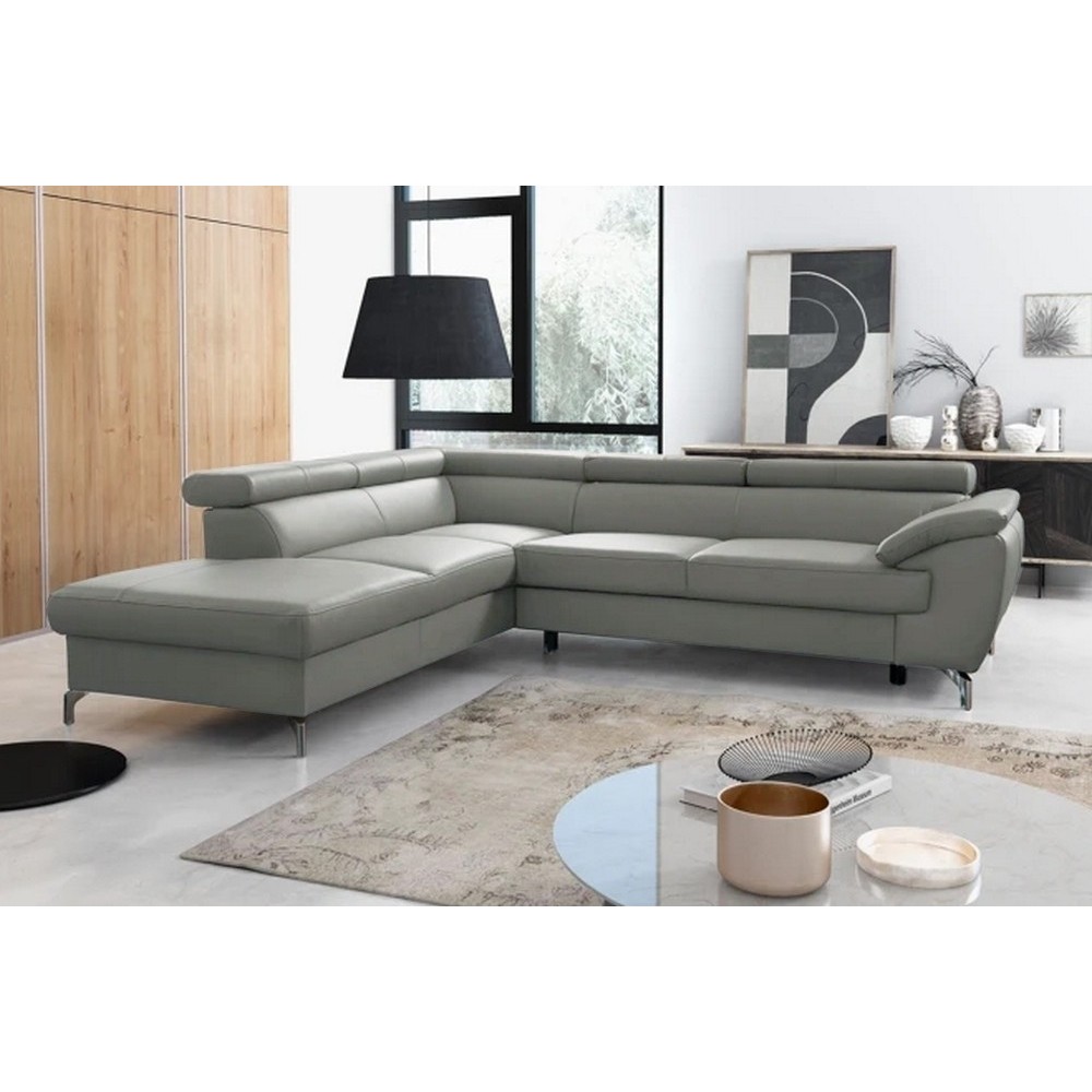 - Canapé d'angle convertible en cuir italien de luxe 5/6 places FINLANDE avec coffre, gris clair, angle gauche - Canapé d'angle convertible en cuir italien de luxe 5/6 places FINLANDE avec coffre, gris clair, angle gauche