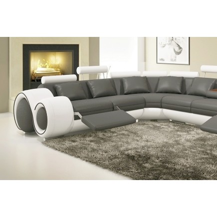 Canapé d'angle en cuir italien : 5/6 places PETIT EXCELIA, gris foncé et blanc, angle gauche