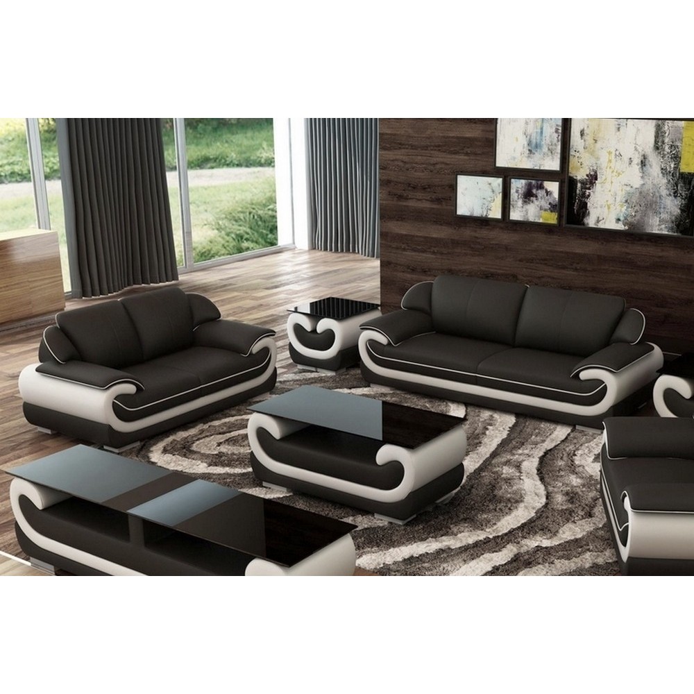 Ensemble canapé 3 places et 2 places en cuir italien vachette CANDIDE noir et blanc Ensemble canapé 3 places et 2 places en cuir italien vachette CANDIDE noir et blanc