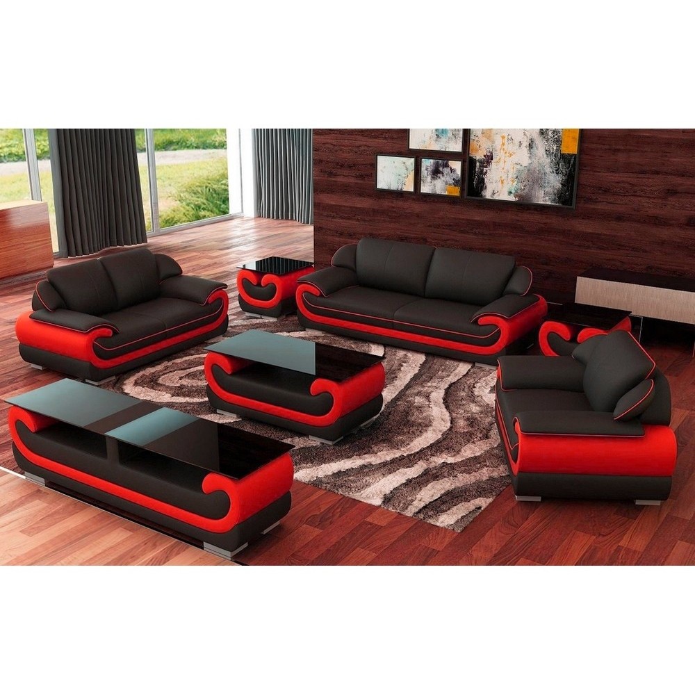 Ensemble canapé 3 places et 2 places et fauteuil en cuir italien vachette CANDIDE, couleur noir et rouge Ensemble canapé 3 places et 2 places et fauteuil en cuir italien vachette CANDIDE, couleur noir et rouge