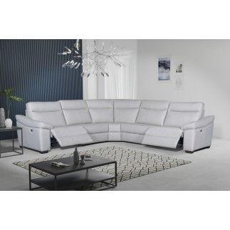 Canapé d'angle double relax en 100% tout cuir épais de luxe italien avec 2 relax électrique, 6/7 places, DAKOTA, blanc cassé