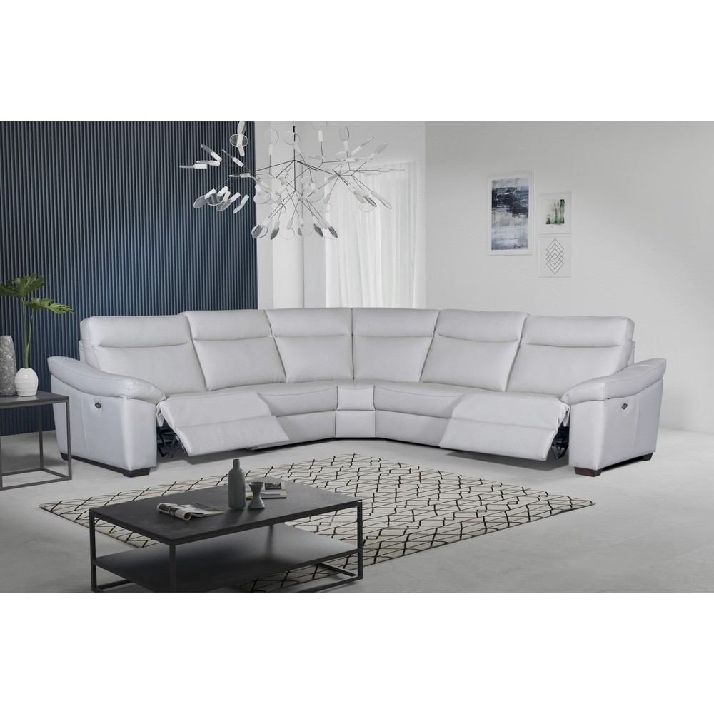 Canapé d'angle double relax en 100% tout cuir épais de luxe italien avec 2 relax électrique, 6/7 places, DAKOTA, blanc cassé Canapé d'angle double relax en 100% tout cuir épais de luxe italien avec 2 relax électrique, 6/7 places, DAKOTA, blanc cassé
