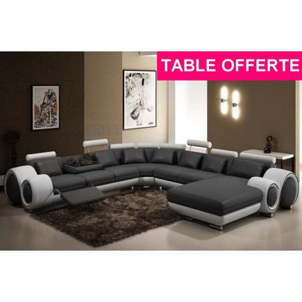 Canapé d'angle en cuir italien 8 places carlton, gris foncé et blanc - Table ronde offerte