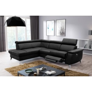 - Canapé d'angle en cuir italien de luxe 5/6 places avec relax électrique et coffre, LINCOLN, noir, angle gauche