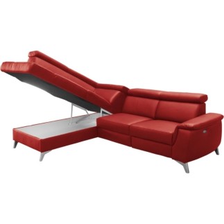 Canapé d'angle en cuir italien de luxe 5/6 places avec relax électrique et coffre, LINCOLN, rouge foncé, angle gauche