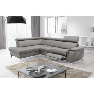 Canapé d'angle en cuir italien de luxe 5/6 places avec relax électrique et coffre, LINCOLN, gris foncé, angle gauche