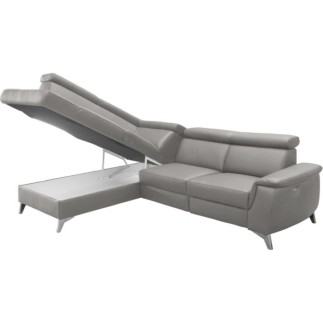 Canapé d'angle en cuir italien de luxe 5/6 places avec relax électrique et coffre, LINCOLN, gris clair, angle gauche