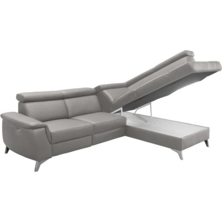 Canapé d'angle en cuir italien de luxe 5/6 places avec relax électrique et coffre, LINCOLN, gris clair, angle droit