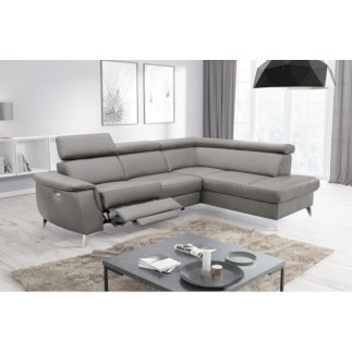 Canapé d'angle en cuir italien de luxe 5/6 places avec relax électrique et coffre, LINCOLN, gris clair, angle droit