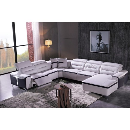 Canapé d'angle relax électrique en cuir buffle italien de luxe: COMBIRELAX, blanc et noir , angle gauche., TABLE OFFERTE