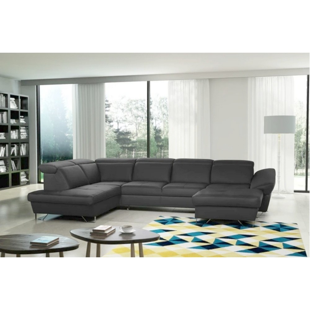 Canapé d'angle en 100% tout cuir italien de luxe 8 places convertible et coffre, DENY, gris foncé, angle gauche Canapé d'angle en 100% tout cuir italien de luxe 8 places convertible et coffre, DENY, gris foncé, angle gauche