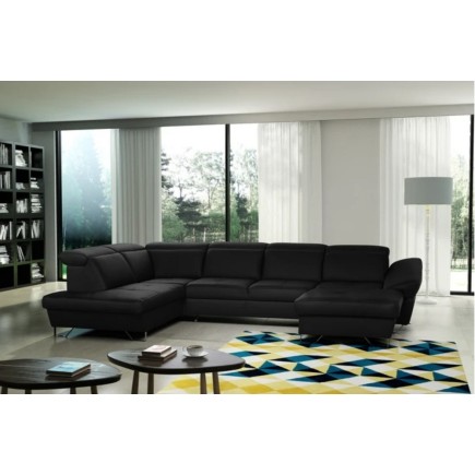 - Canapé d'angle en 100% tout cuir italien de luxe 8 places convertible et coffre, DENY, noir, angle gauche