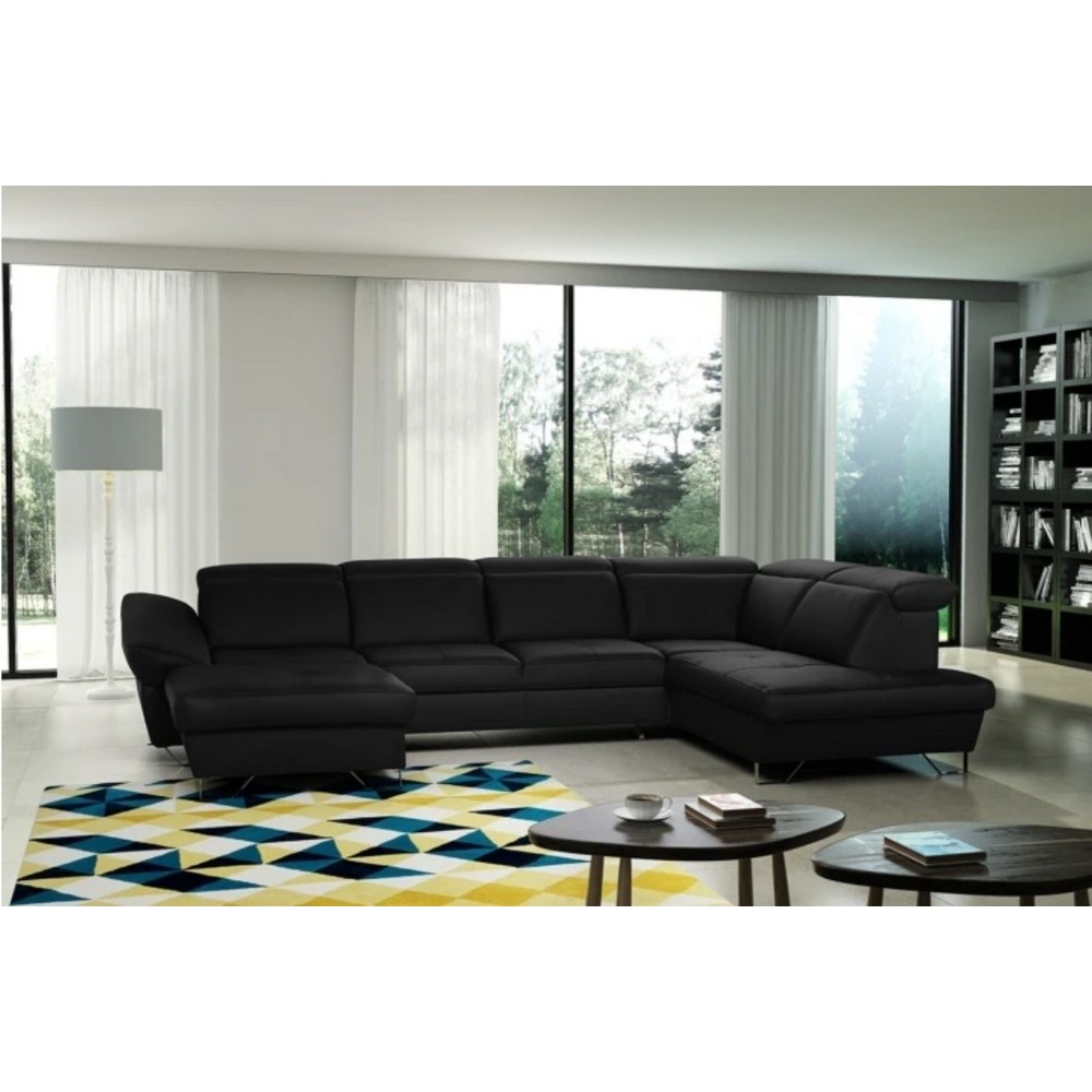 Canapé d'angle en 100% tout cuir italien de luxe 8 places convertible et coffre, DENY, noir, angle droit Canapé d'angle en 100% tout cuir italien de luxe 8 places convertible et coffre, DENY, noir, angle droit