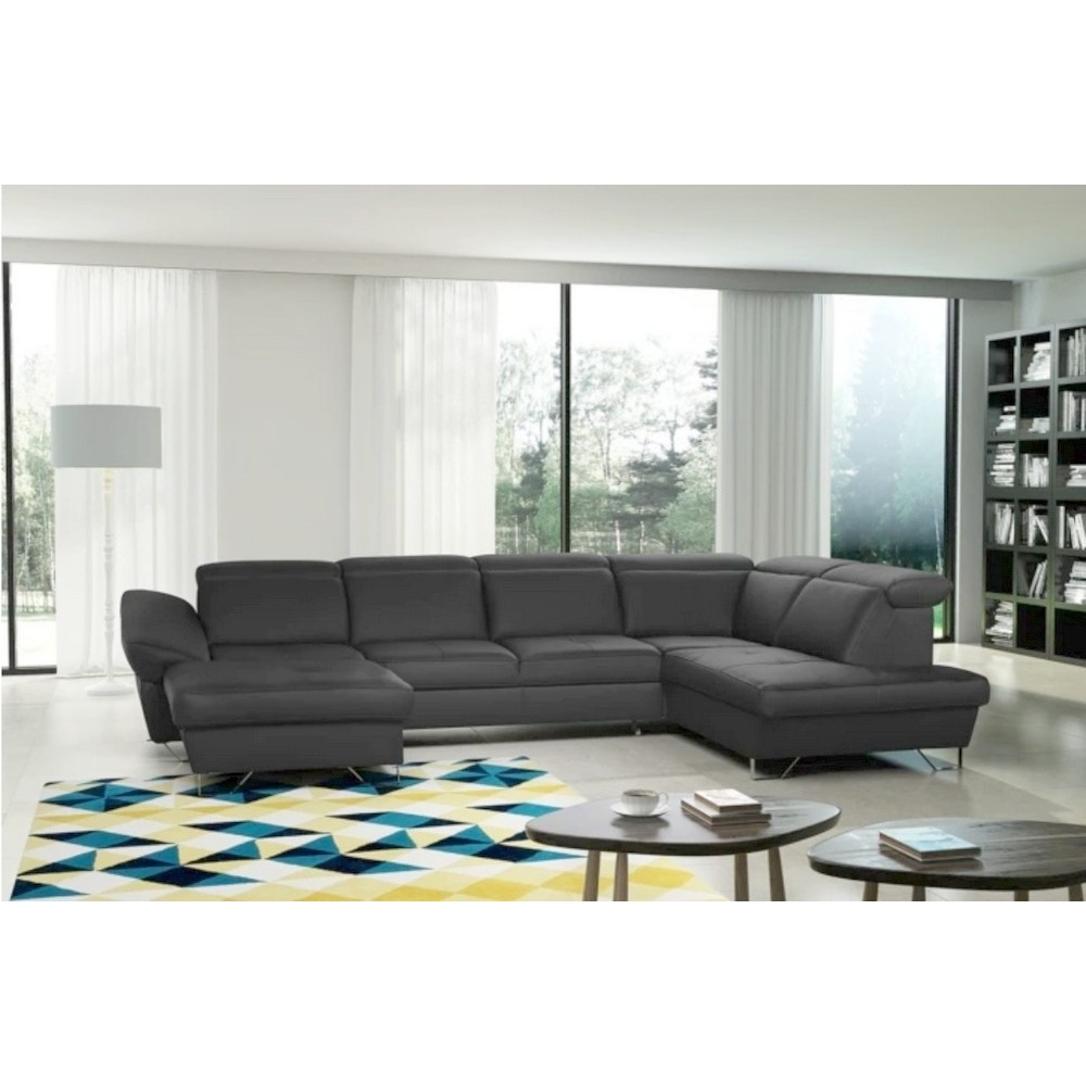 Canapé d'angle en 100% tout cuir italien de luxe 8 places convertible et coffre, DENY, gris foncé, angle droit Canapé d'angle en 100% tout cuir italien de luxe 8 places convertible et coffre, DENY, gris foncé, angle droit