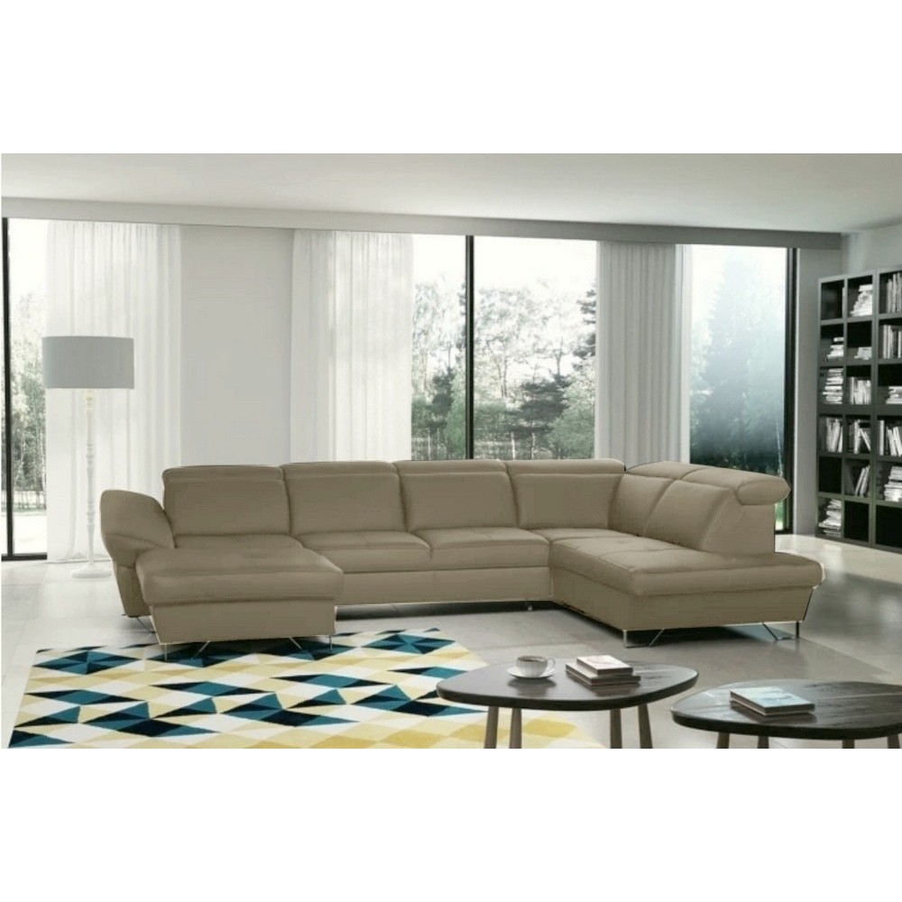 Canapé d'angle en 100% tout cuir italien de luxe 8 places convertible et coffre, DENY, taupe, angle droit Canapé d'angle en 100% tout cuir italien de luxe 8 places convertible et coffre, DENY, taupe, angle droit