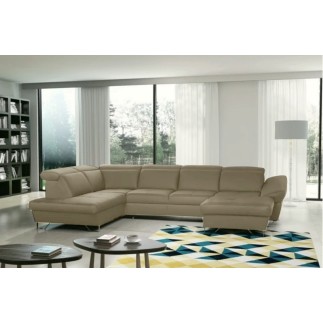 Canapé d'angle en 100% tout cuir italien de luxe 8 places convertible et coffre, DENY, taupe, angle gauche