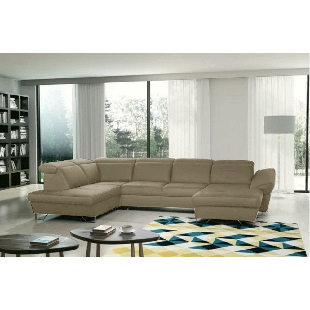Canapé d'angle en 100% tout cuir italien de luxe 8 places convertible et coffre, DENY, taupe, angle gauche Canapé d'angle en 100% tout cuir italien de luxe 8 places convertible et coffre, DENY, taupe, angle gauche