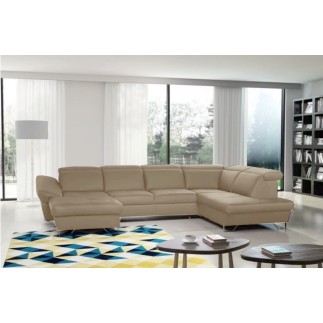Canapé d'angle en 100% tout cuir italien de luxe 8 places convertible et coffre, DENY, beige, angle droit