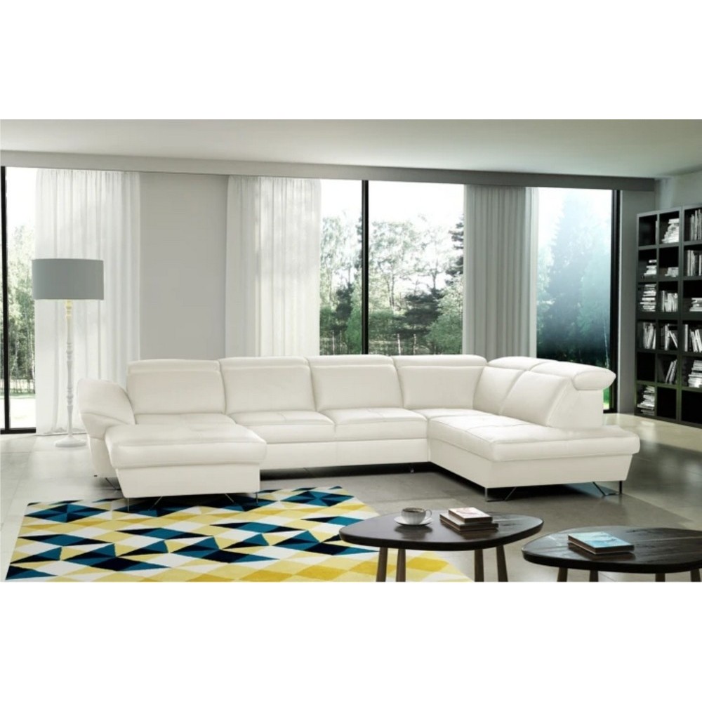 Canapé d'angle en 100% tout cuir italien de luxe 8 places convertible et coffre, DENY, blanc cassé, angle droit Canapé d'angle en 100% tout cuir italien de luxe 8 places convertible et coffre, DENY, blanc cassé, angle droit