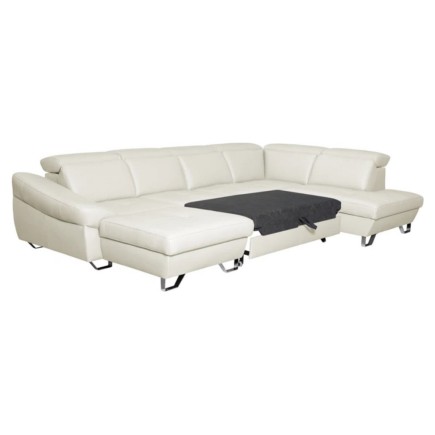 Canapé d'angle en 100% tout cuir italien de luxe 8 places convertible et coffre, DENY, blanc cassé, angle droit