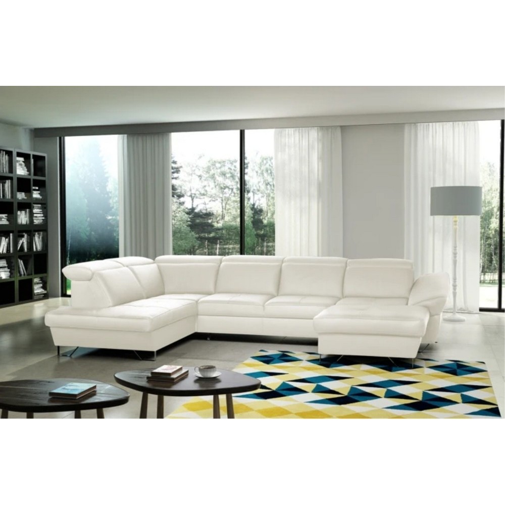 Canapé d'angle en 100% tout cuir italien de luxe 8 places convertible et coffre, DENY, blanc cassé, angle gauche Canapé d'angle en 100% tout cuir italien de luxe 8 places convertible et coffre, DENY, blanc cassé, angle gauche