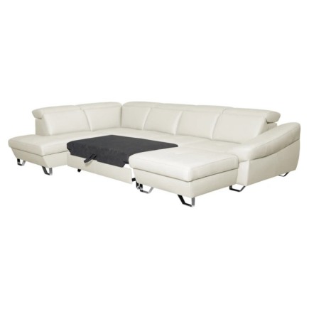 Canapé d'angle en 100% tout cuir italien de luxe 8 places convertible et coffre, DENY, blanc cassé, angle gauche