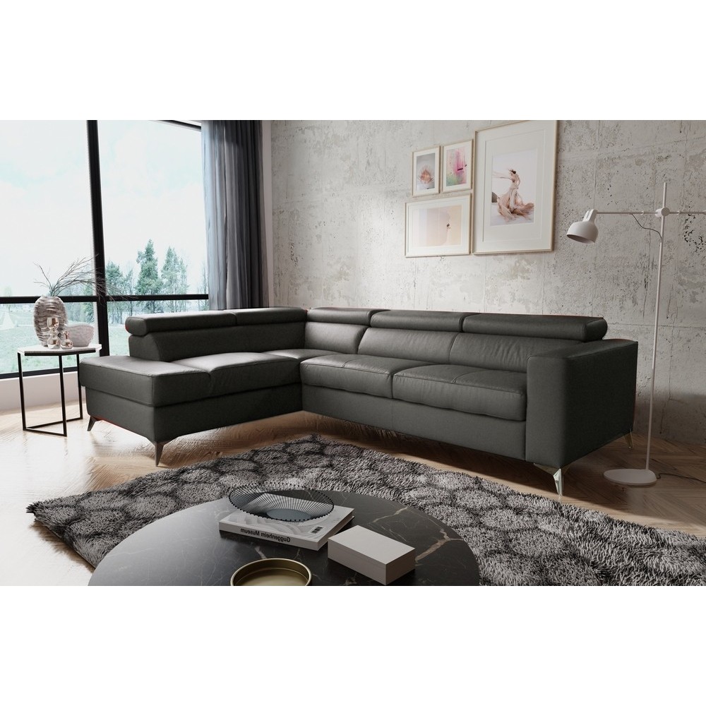 Canapé d'angle convertible en cuir italien de luxe 5/6 places avec coffre, MONZA, gris foncé, angle gauche Canapé d'angle convertible en cuir italien de luxe 5/6 places avec coffre, MONZA, gris foncé, angle gauche