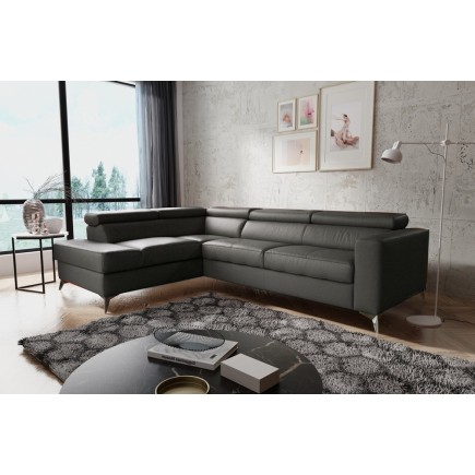 Canapé d'angle convertible en cuir italien de luxe 5/6 places avec coffre, MONZA, gris foncé, angle gauche
