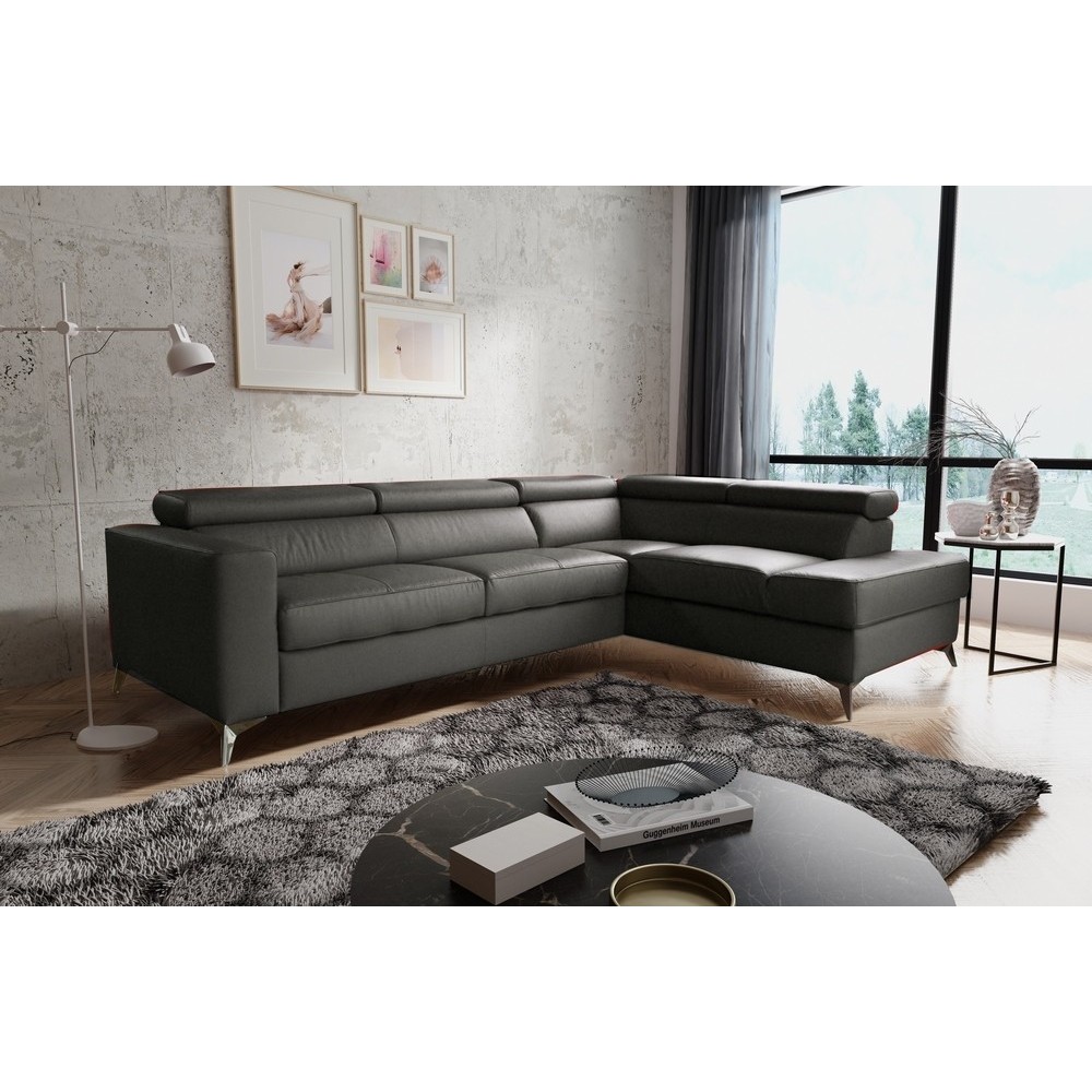 Canapé d'angle convertible en cuir italien de luxe 5/6 places avec coffre, MONZA, gris foncé, angle droit Canapé d'angle convertible en cuir italien de luxe 5/6 places avec coffre, MONZA, gris foncé, angle droit