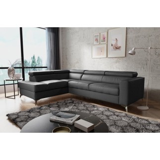 Canapé d'angle convertible en cuir italien de luxe 5/6 places avec coffre, MONZA, noir, angle gauche
