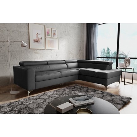 Canapé d'angle convertible en cuir italien de luxe 5/6 places avec coffre, MONZA, noir, angle droit