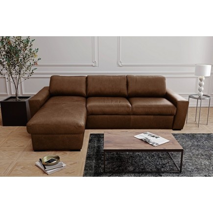 Canapé d'angle en 100% tout cuir italien de luxe 5 places convertible et coffre, marron foncé, angle gauche, CLINTON