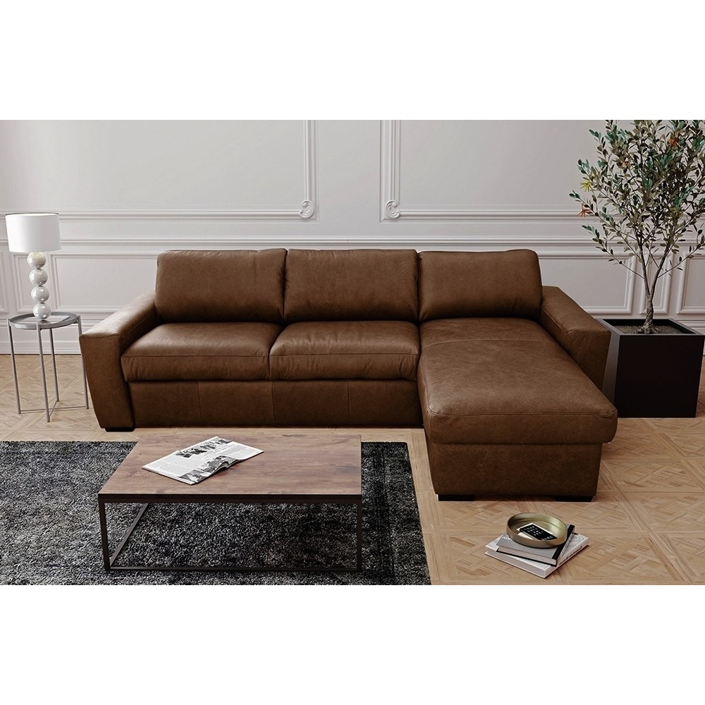 Canapé d'angle en 100% tout cuir italien de luxe 5 places convertible et coffre, marron foncé, angle droit, CLINTON Canapé d'angle en 100% tout cuir italien de luxe 5 places convertible et coffre, marron foncé, angle droit, CLINTON