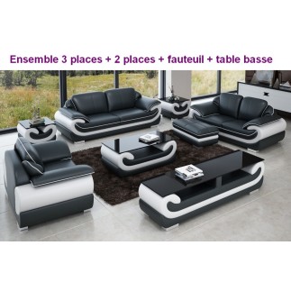Ensemble canapé 3 places et 2 places et fauteuil en cuir italien vachette CANDIDE, couleur noir et blanc, table basse noir et bl