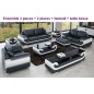 Ensemble canapé 3 places et 2 places et fauteuil en cuir italien vachette CANDIDE, couleur noir et blanc, table basse noir et bl Ensemble canapé 3 places et 2 places et fauteuil en cuir italien vachette CANDIDE, couleur noir et blanc, table basse noir et bl