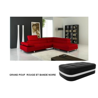 canapé d'angle grand georgio cuir haut de gamme italien casanoti rouge. + 1 pouf rectangulaire 90x60cm rouge et bande noire, 6x